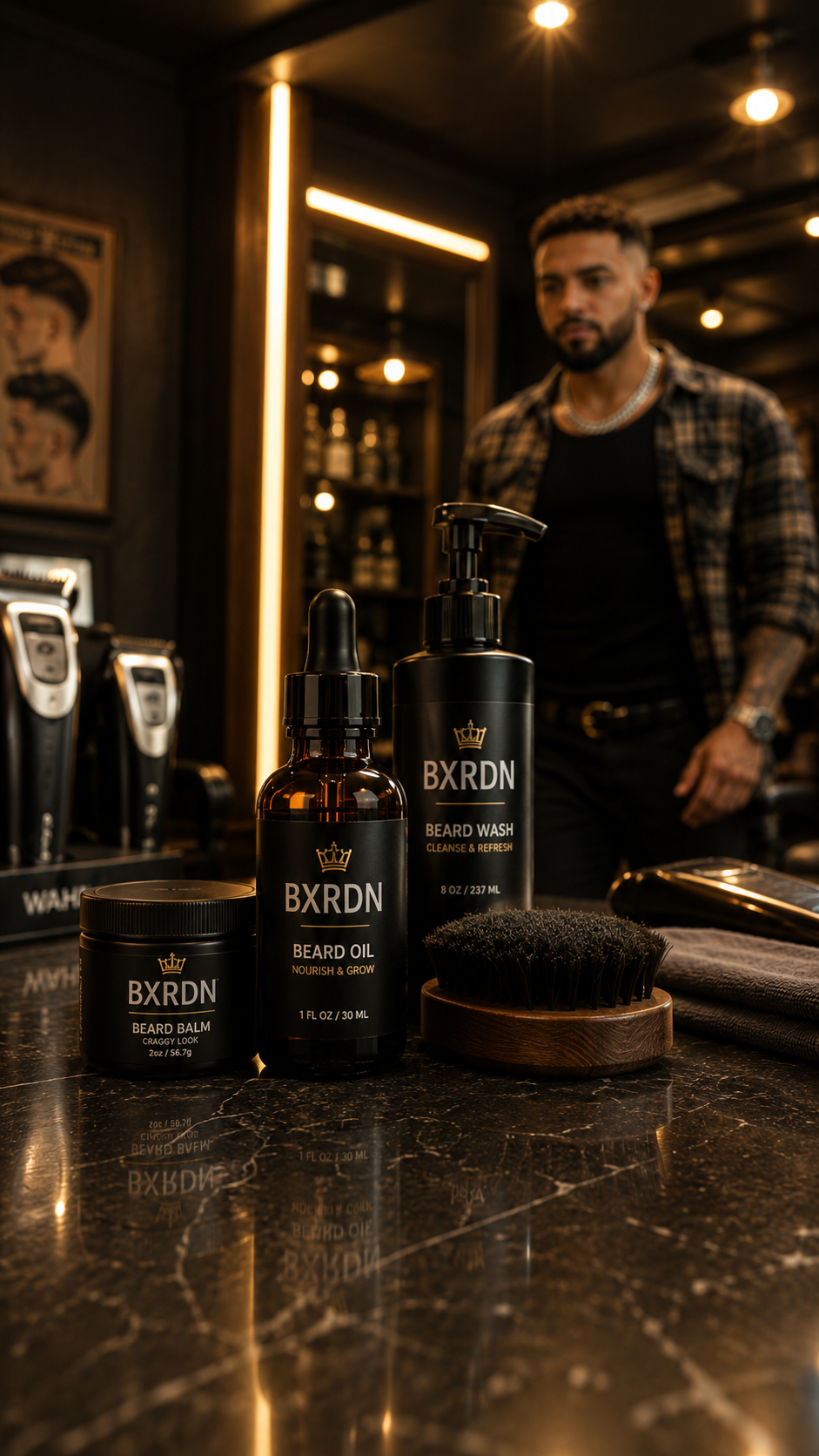 BXRDN beard oil, beard balm, and beard wash styled on a barbershop counter