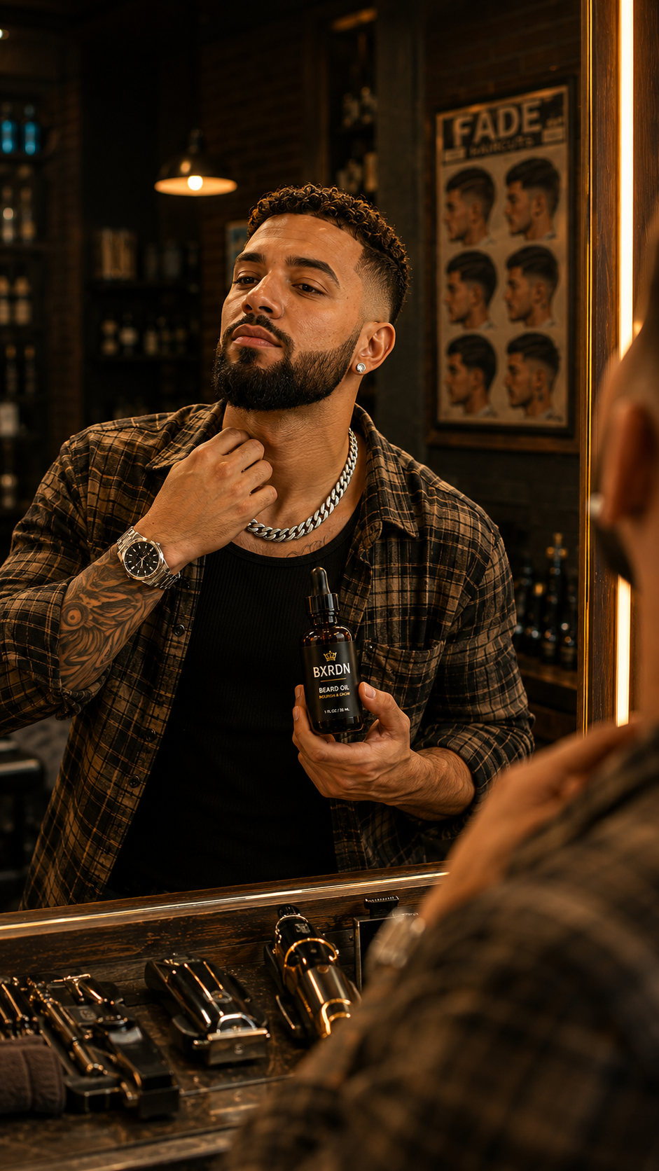 Man applying BXRDN beard oil in a barbershop mirror
