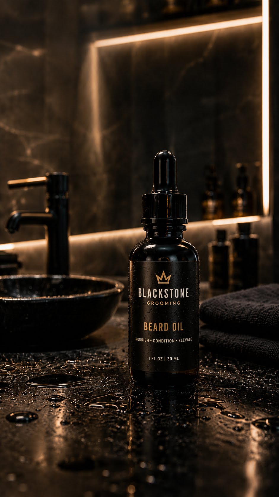 Blackstone Grooming beard oil bottle on a dark marble bathroom counter