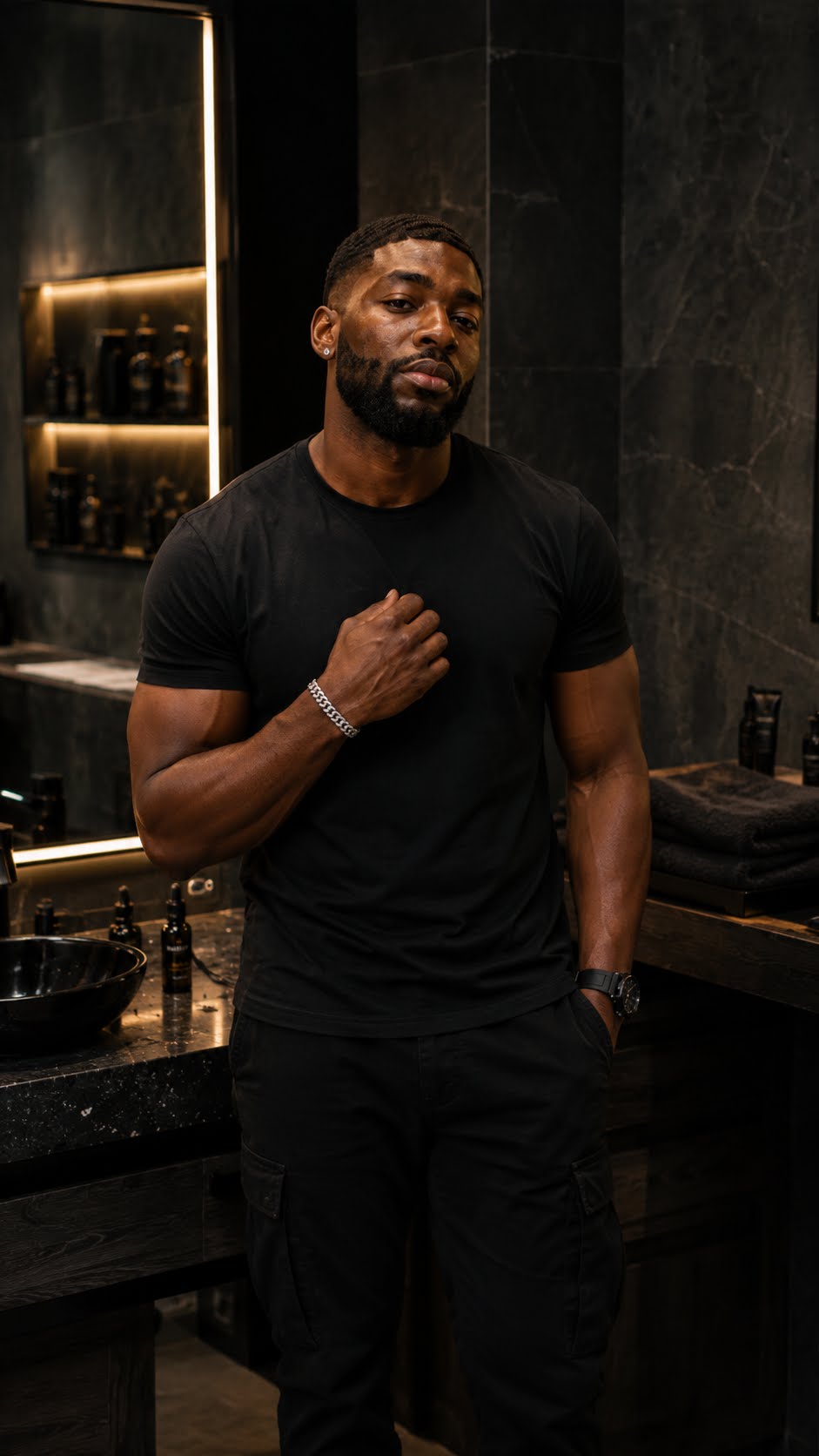 Man in a dark luxury bathroom with Blackstone Grooming beard oil