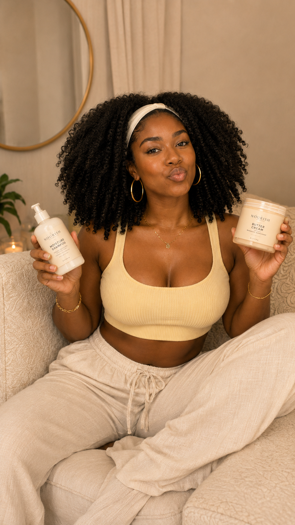 Creator holding Nourish Moisture Shampoo and Butter Cream
