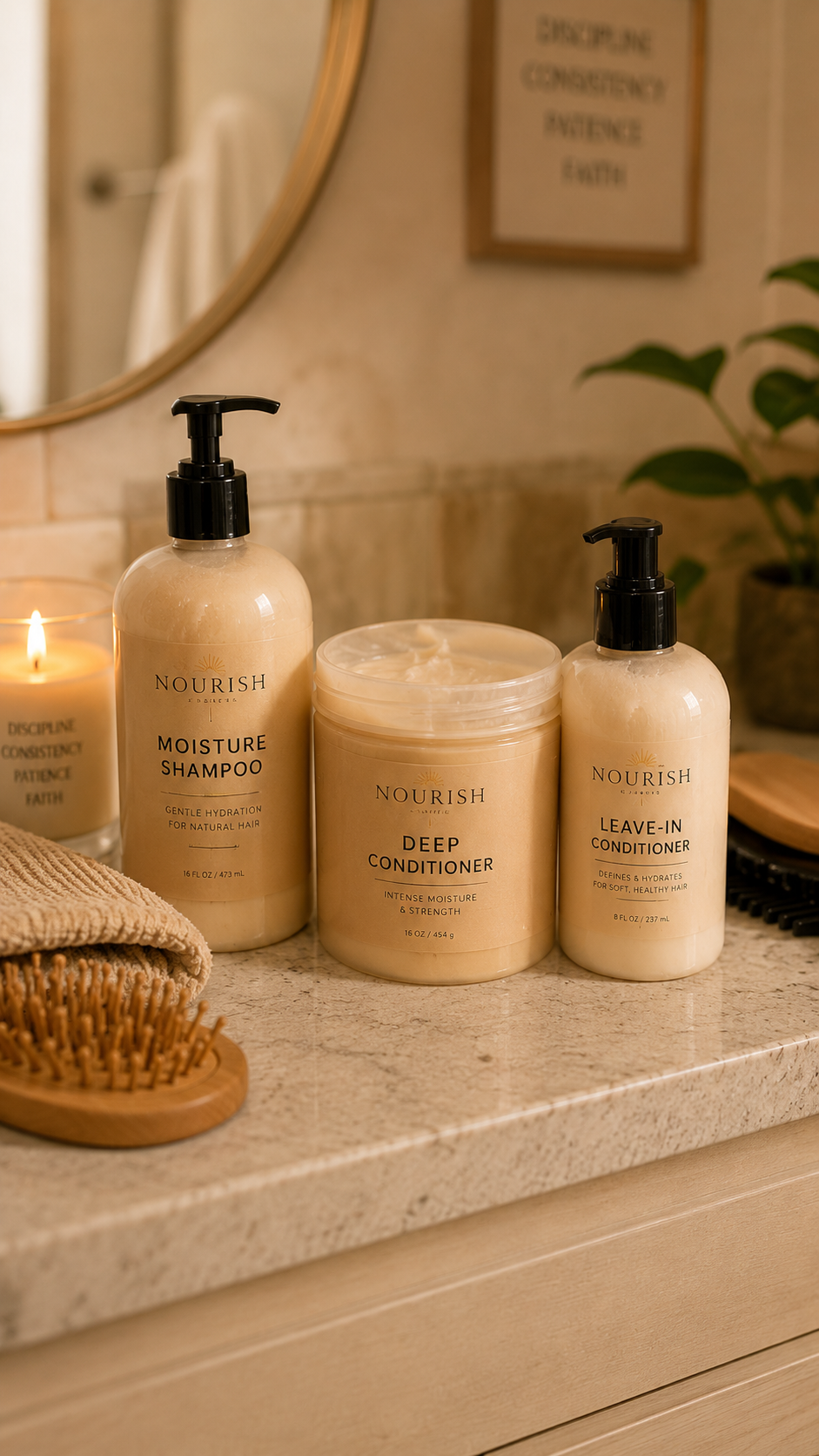 Nourish haircare product line styled on a bathroom counter
