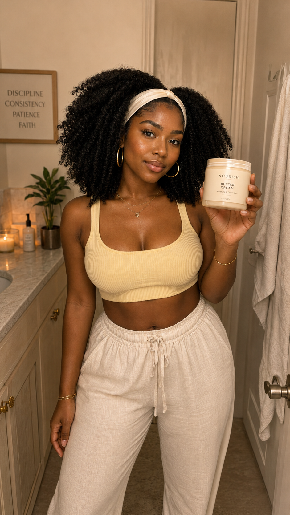 Creator holding Nourish Butter Cream in a bathroom setting