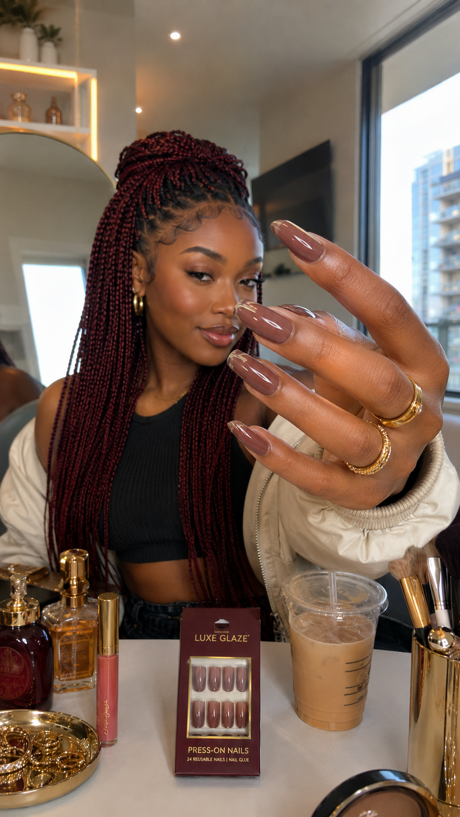 Creator showing Luxe Glaze press-on nails at a vanity