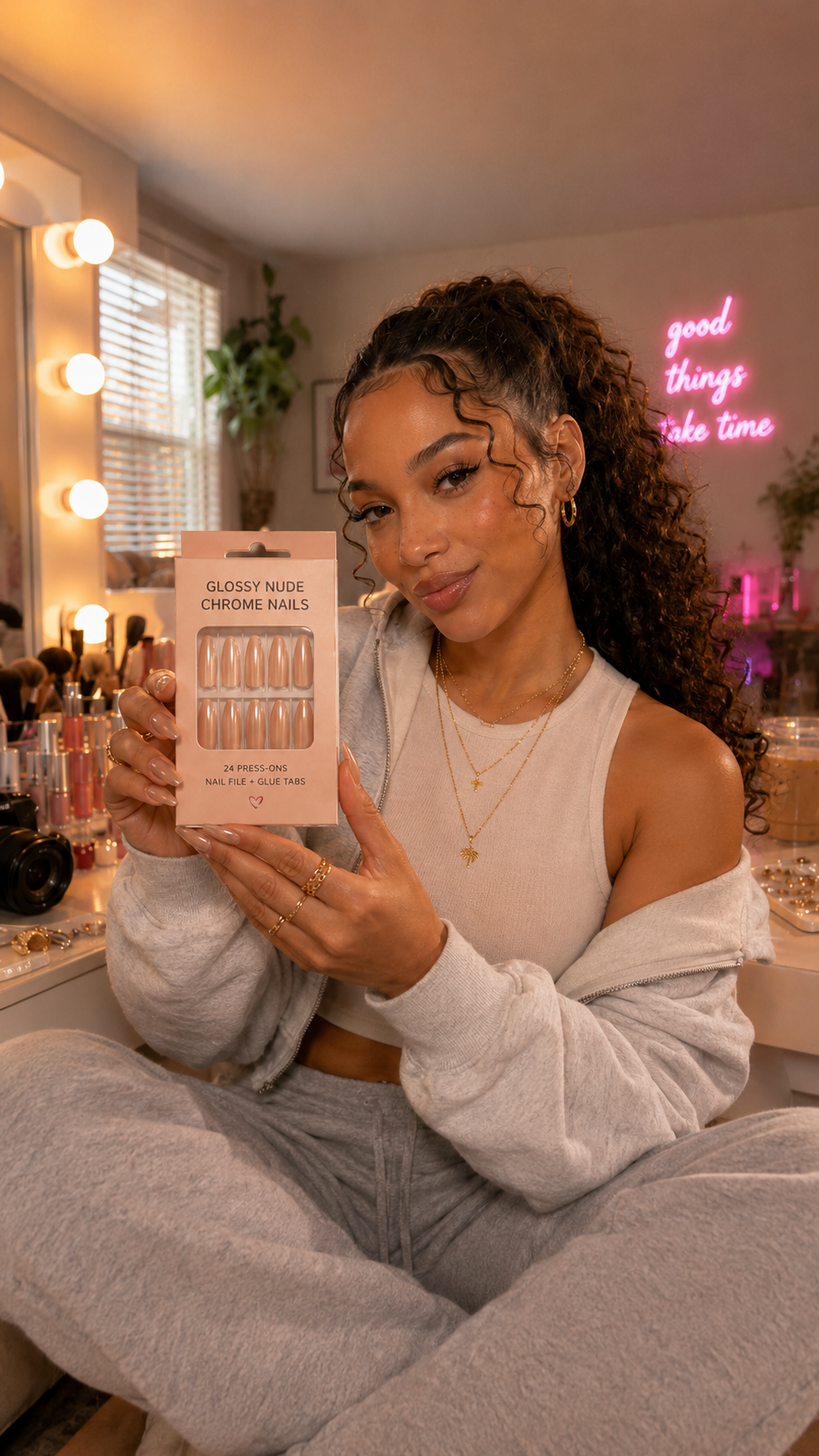 Creator holding the Glossy Nude Chrome press-on nails box