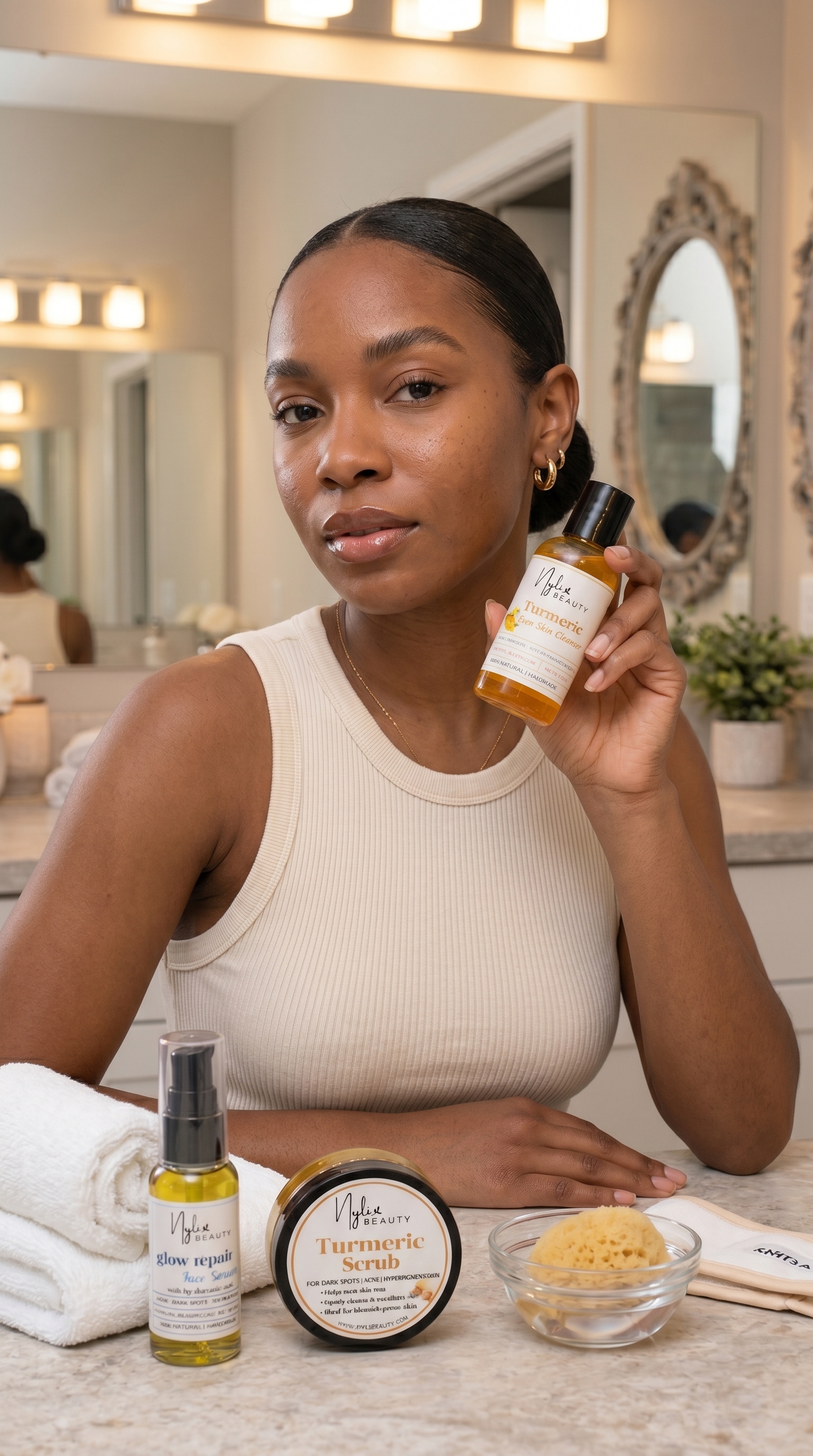 Creator holding Nylie Beauty Turmeric cleanser with the turmeric scrub and glow serum on the counter