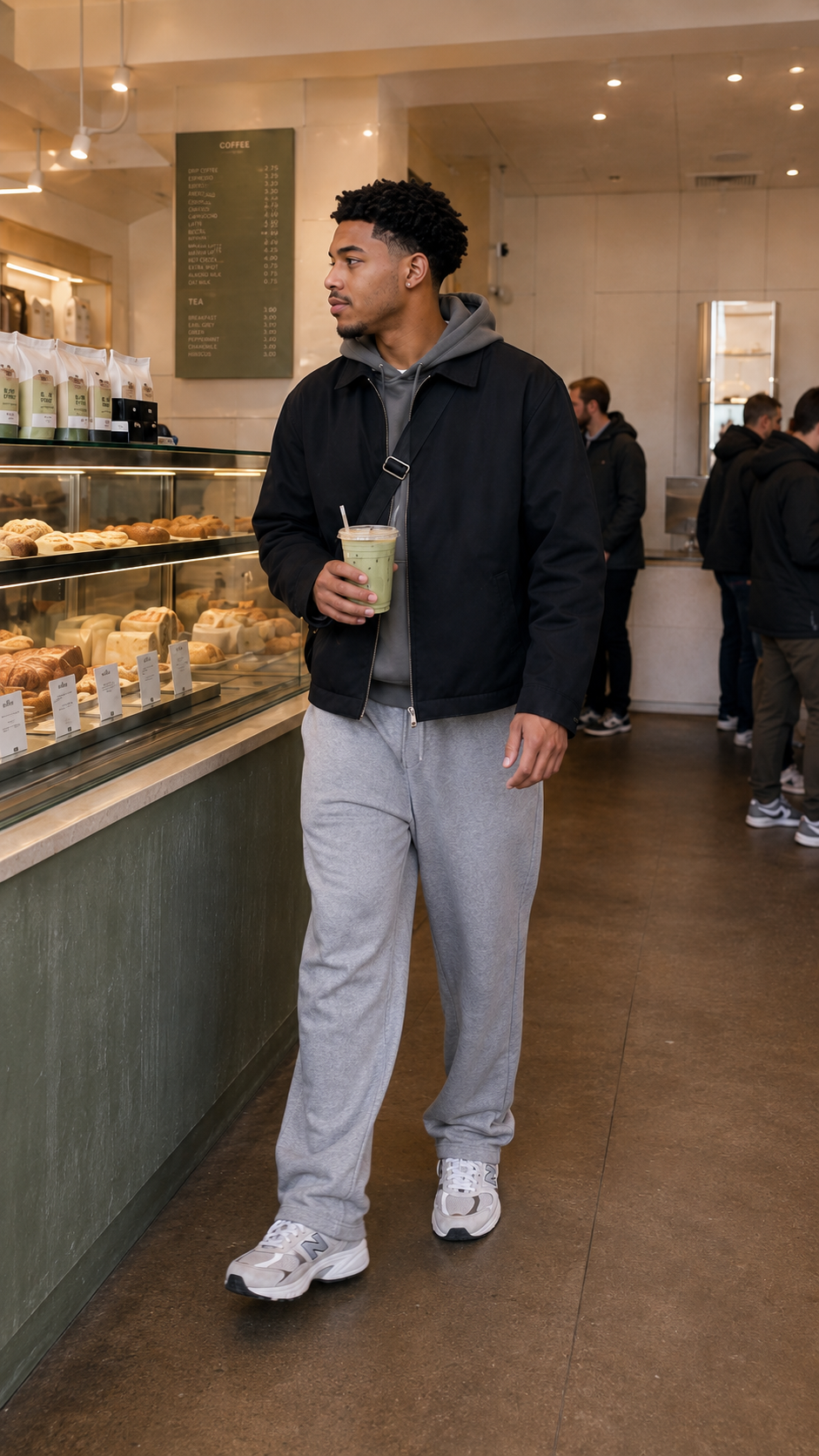 Man holding an iced matcha at the Blank Street Coffee pastry counter