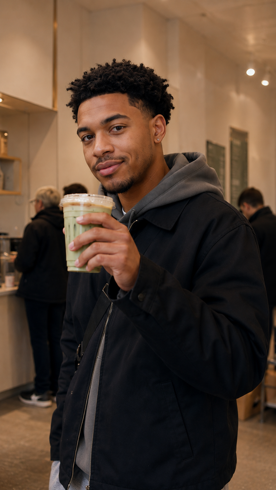 Close-up of a man holding an iced matcha latte in the coffee shop