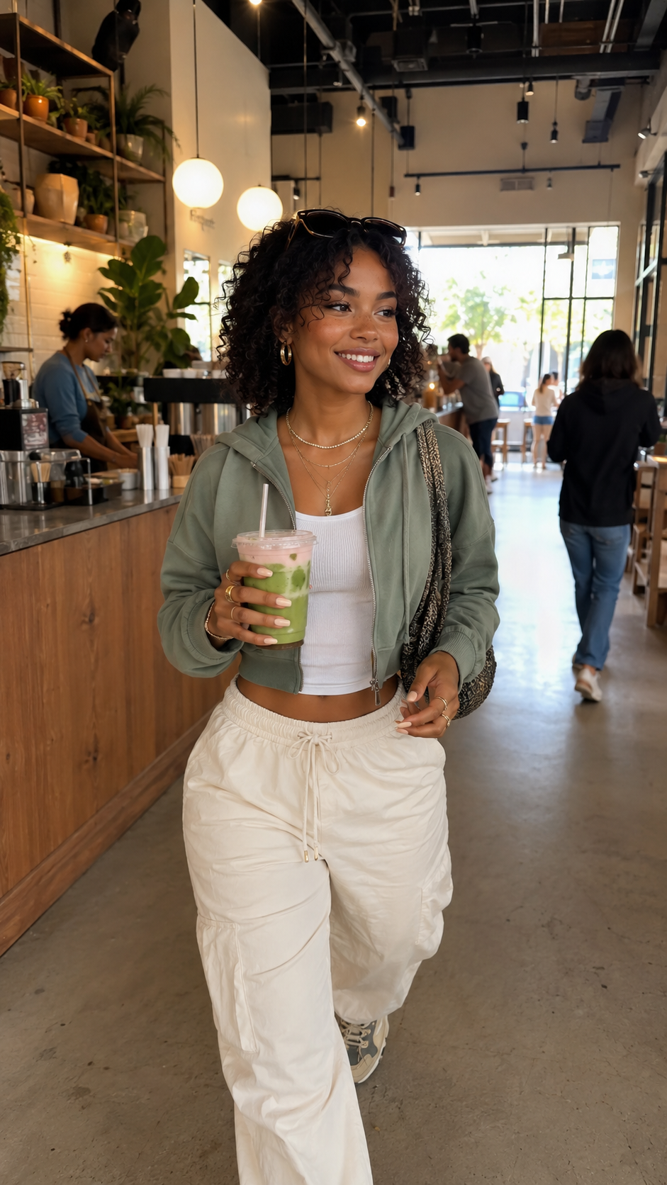 Woman walking through a cafe holding a strawberry matcha latte