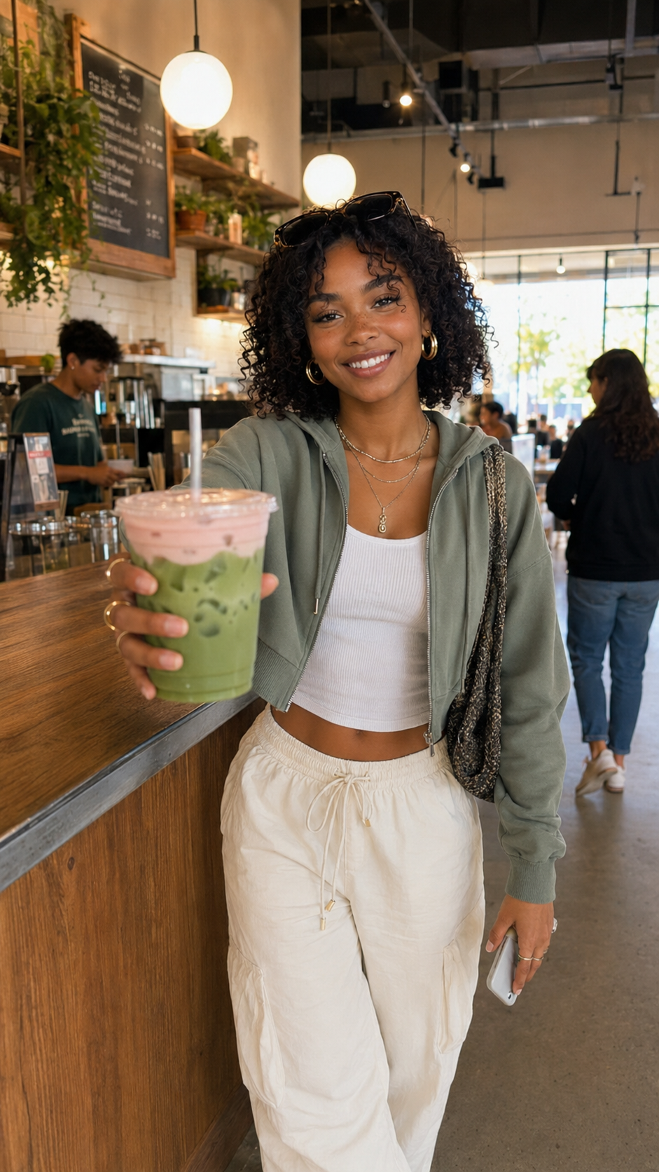 Woman holding out a strawberry matcha latte at the cafe counter