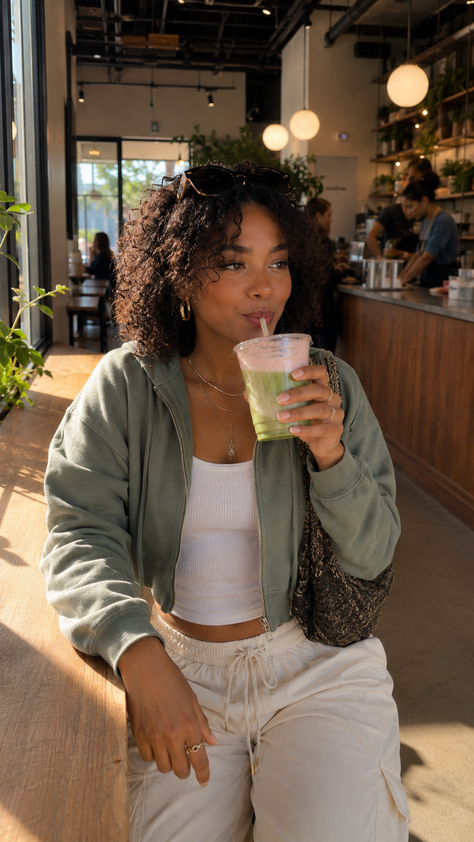 Woman sipping a strawberry matcha latte by the window in a sunny cafe