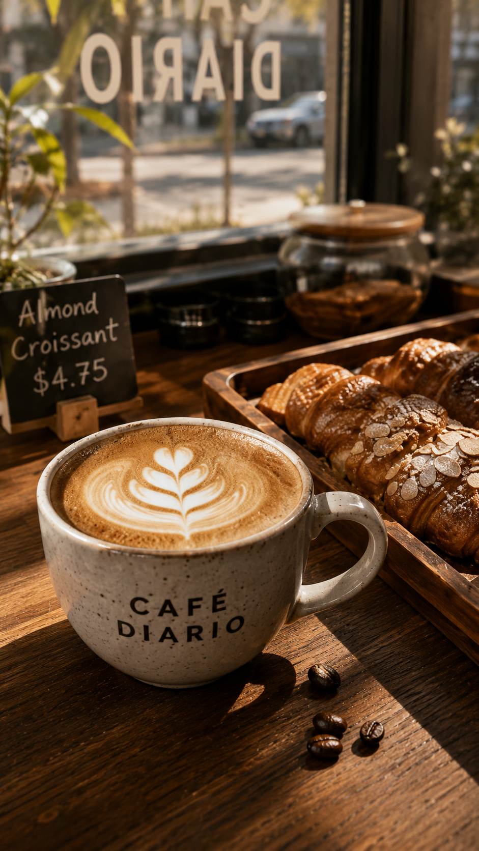 Café Diario latte with latte art beside almond croissants by a sunny window