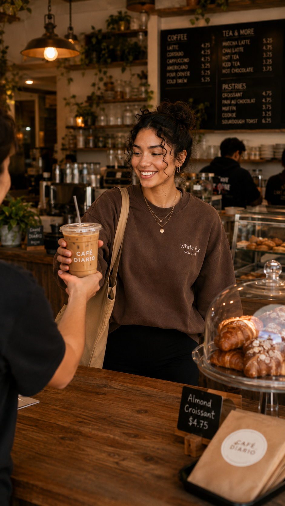 Barista handing a Café Diario iced coffee to a smiling customer at the counter