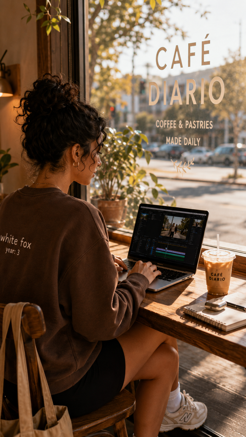 Woman working on a laptop by the window at Café Diario with an iced coffee