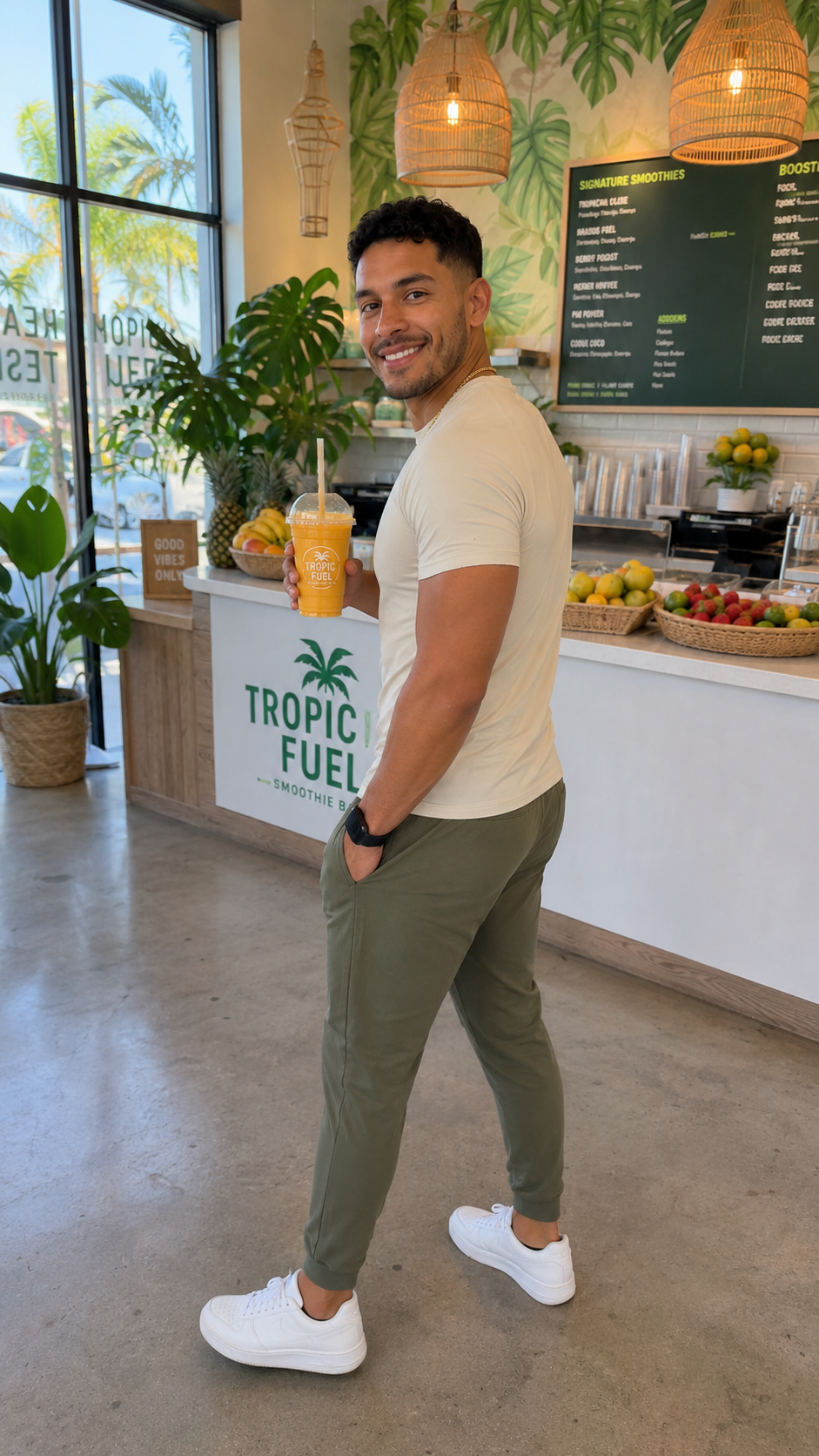 Man holding a Tropic Fuel mango smoothie at the smoothie cafe counter