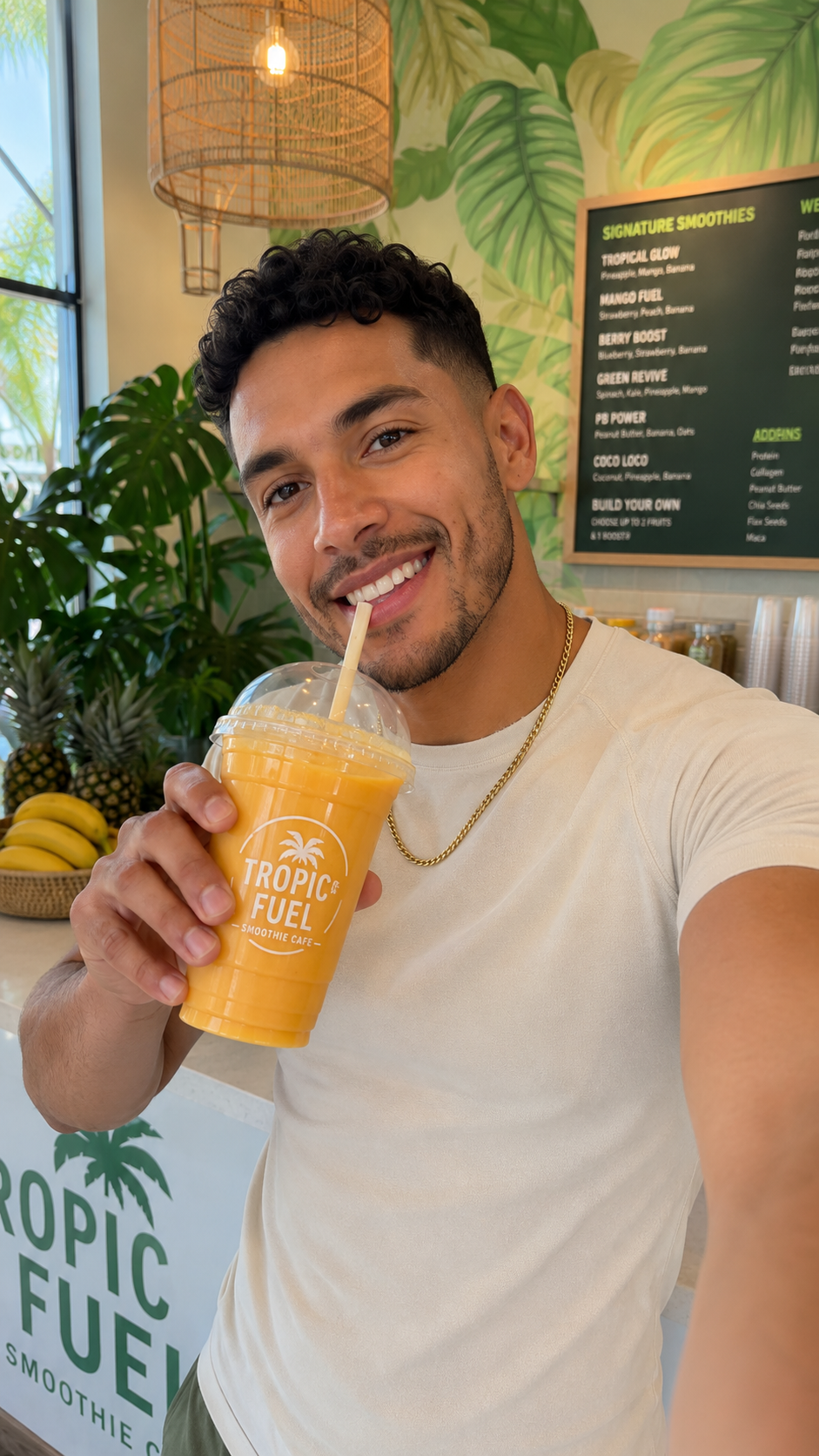 Man taking a selfie sipping a Tropic Fuel mango smoothie