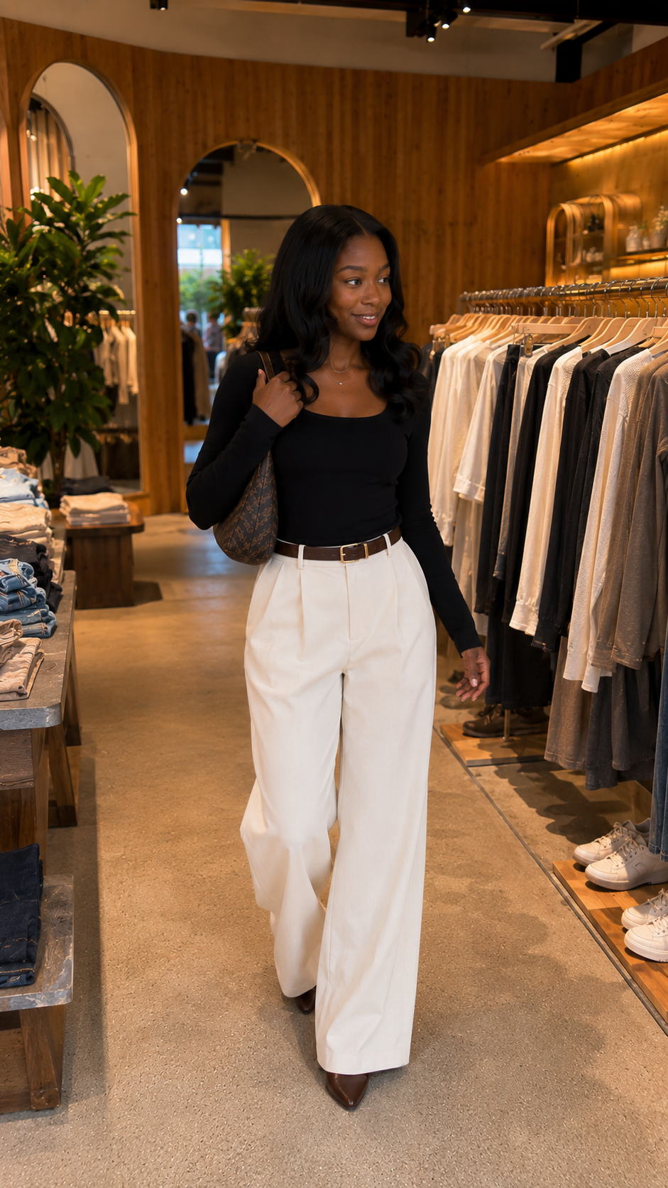 Woman in a black top and cream wide-leg trousers walking through a boutique