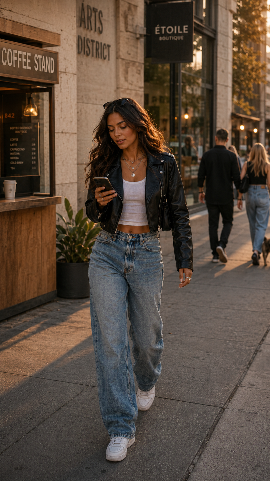 Woman in a leather jacket and wide-leg jeans leaving Atelier Noir with shopping bags