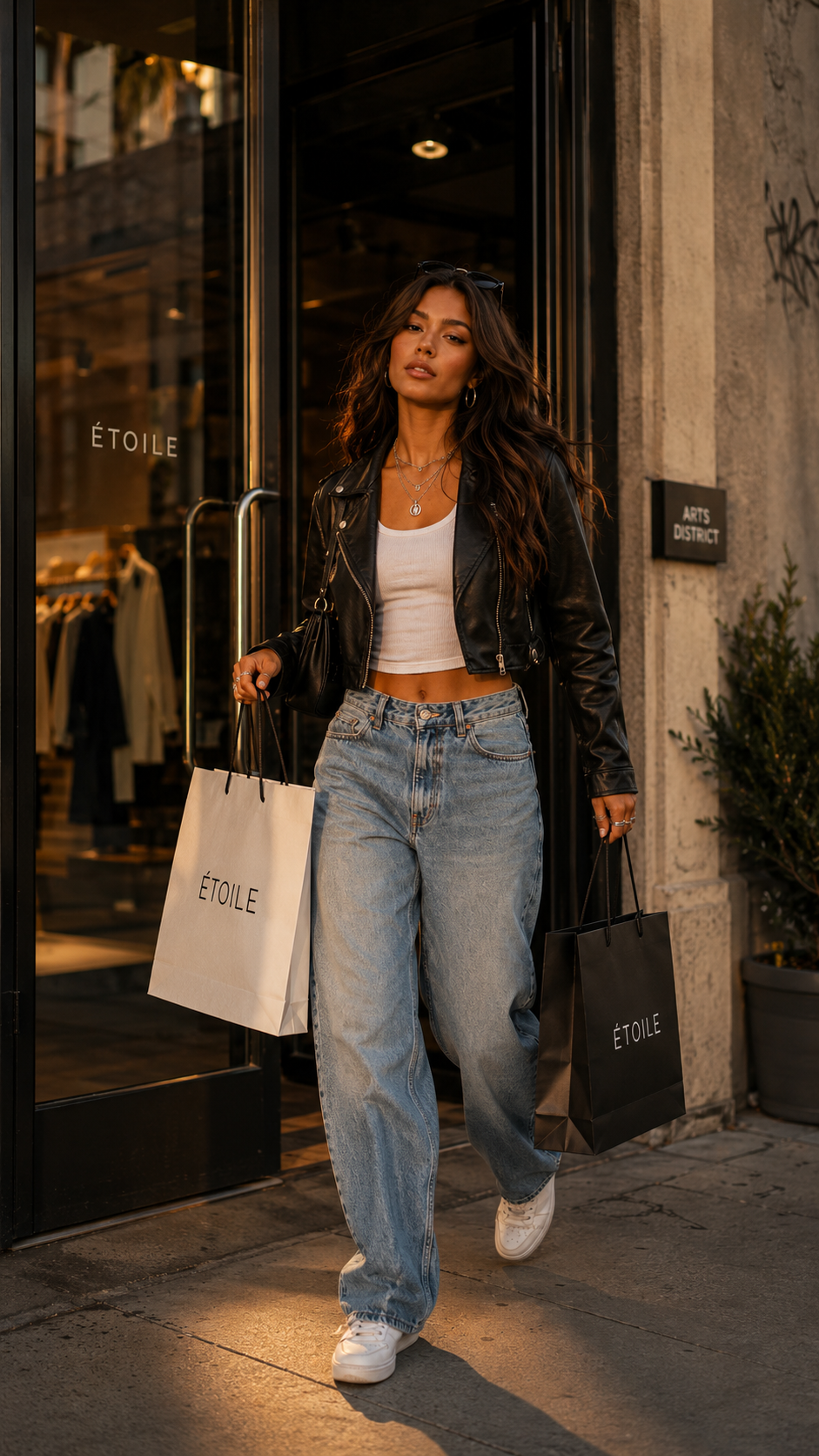 Woman in street style walking past a coffee stand in the arts district