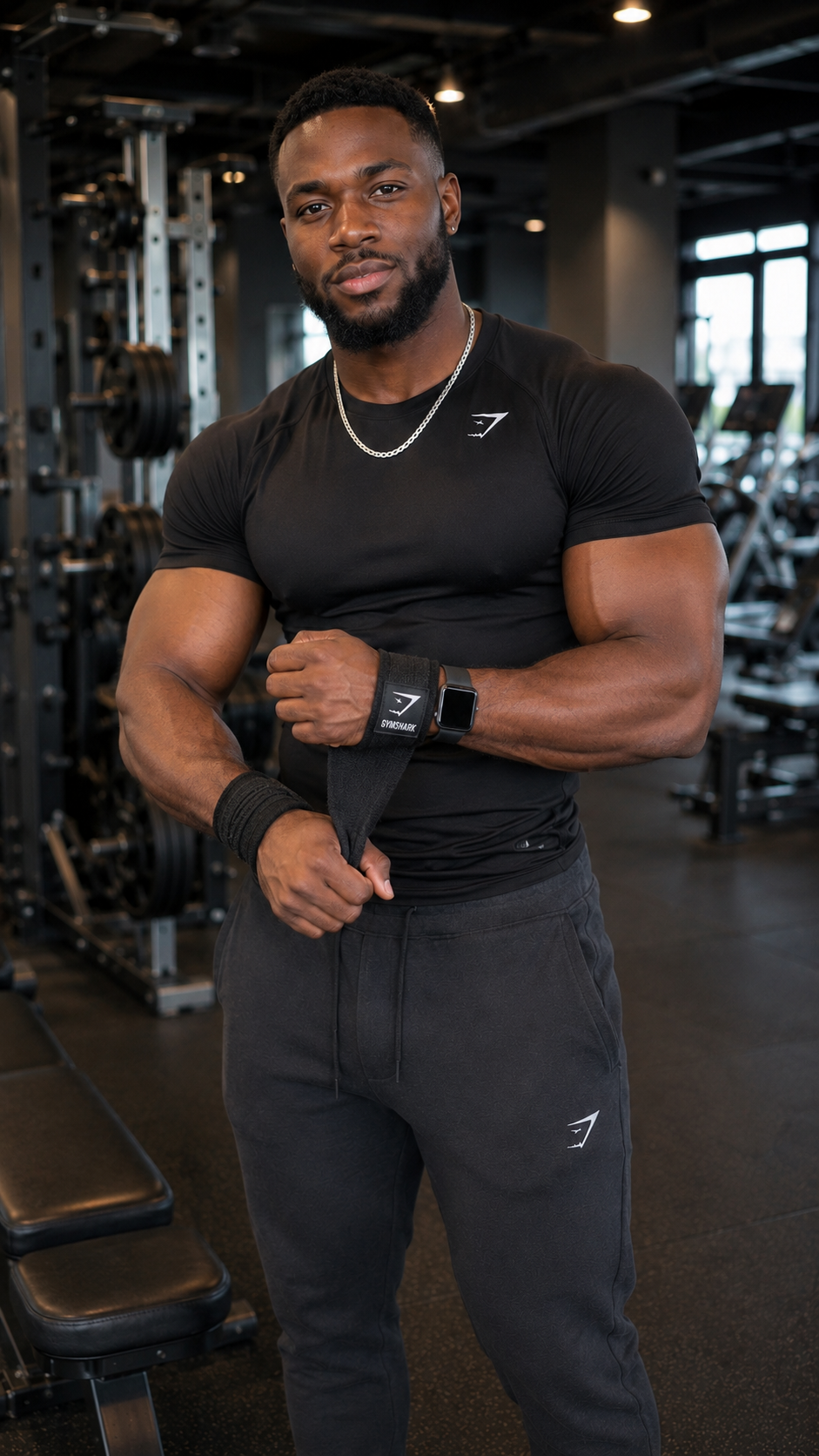 Man in Gymshark black training set standing in a gym