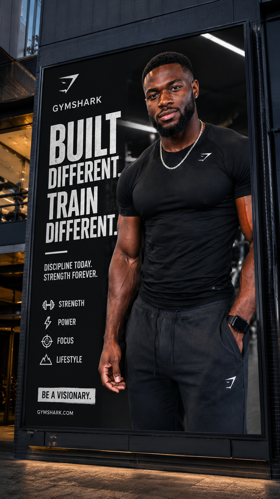 Close-up of a man in a fitted Gymshark training shirt in a gym