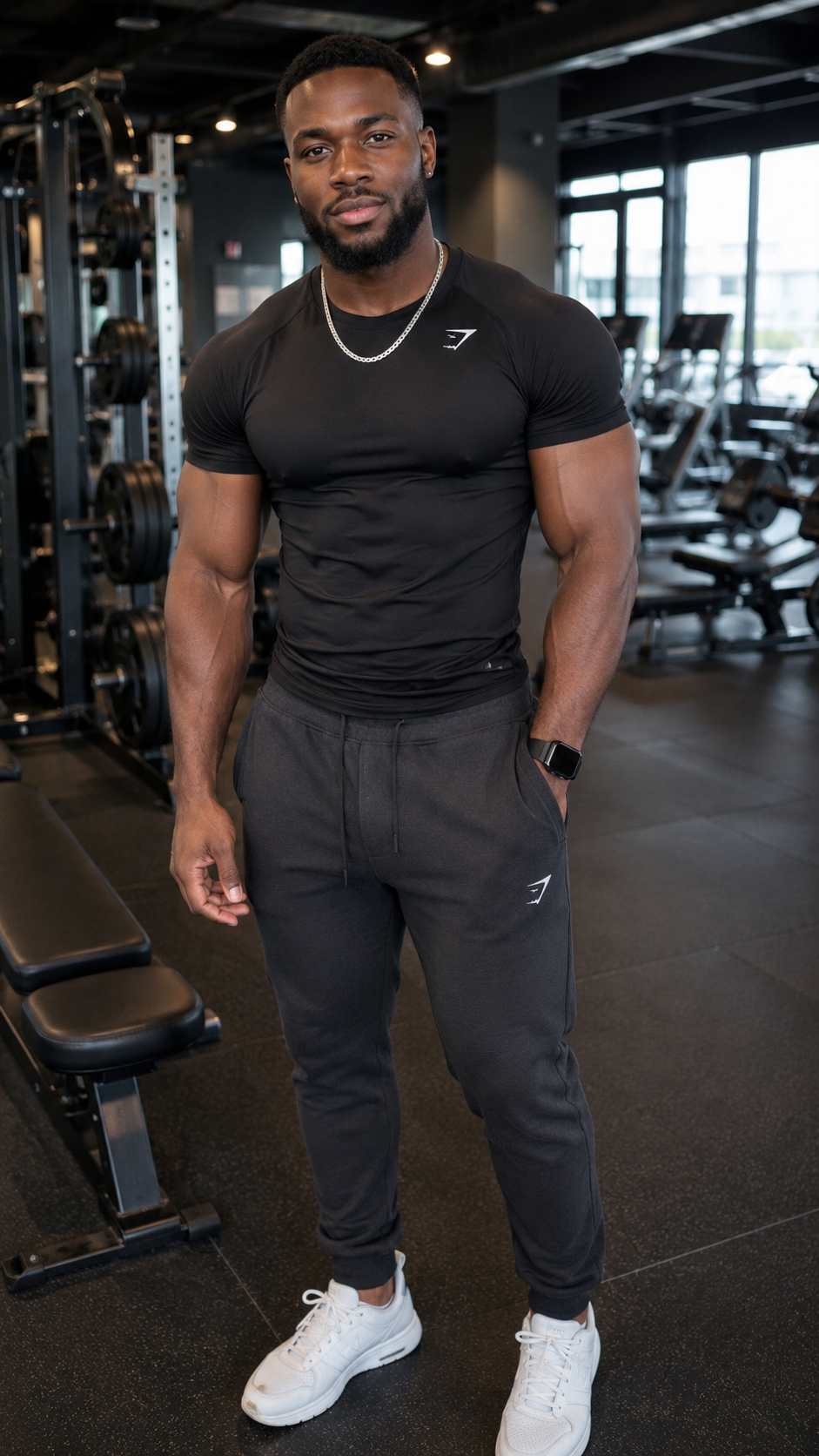 Man wearing Gymshark lifting straps and training set in a gym