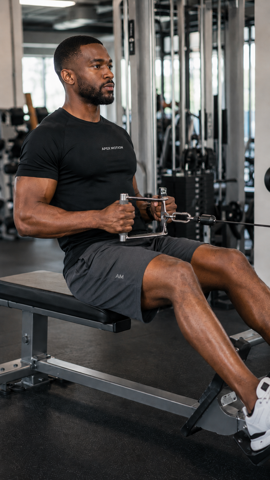 Man in an Apex Motion training set doing a seated cable row in a gym