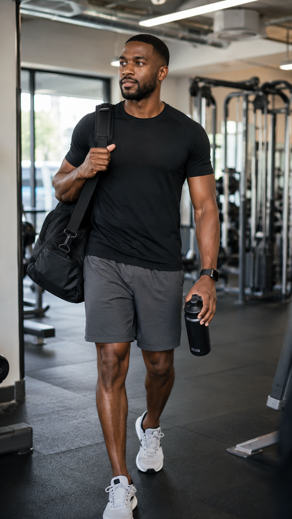 Man walking through a gym with a duffel bag and water bottle in Apex Motion gear
