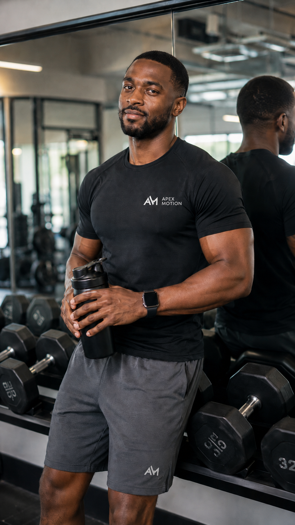 Man in an Apex Motion shirt holding a shaker bottle by the dumbbell rack
