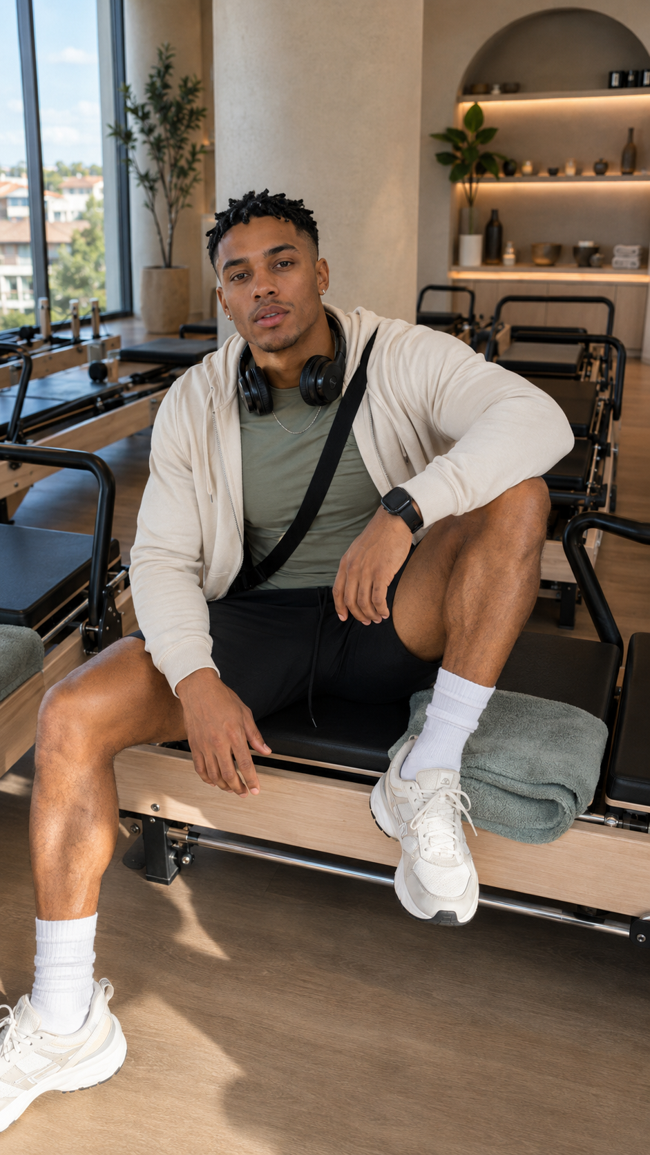 Man in activewear seated on a reformer in a bright Pilates studio