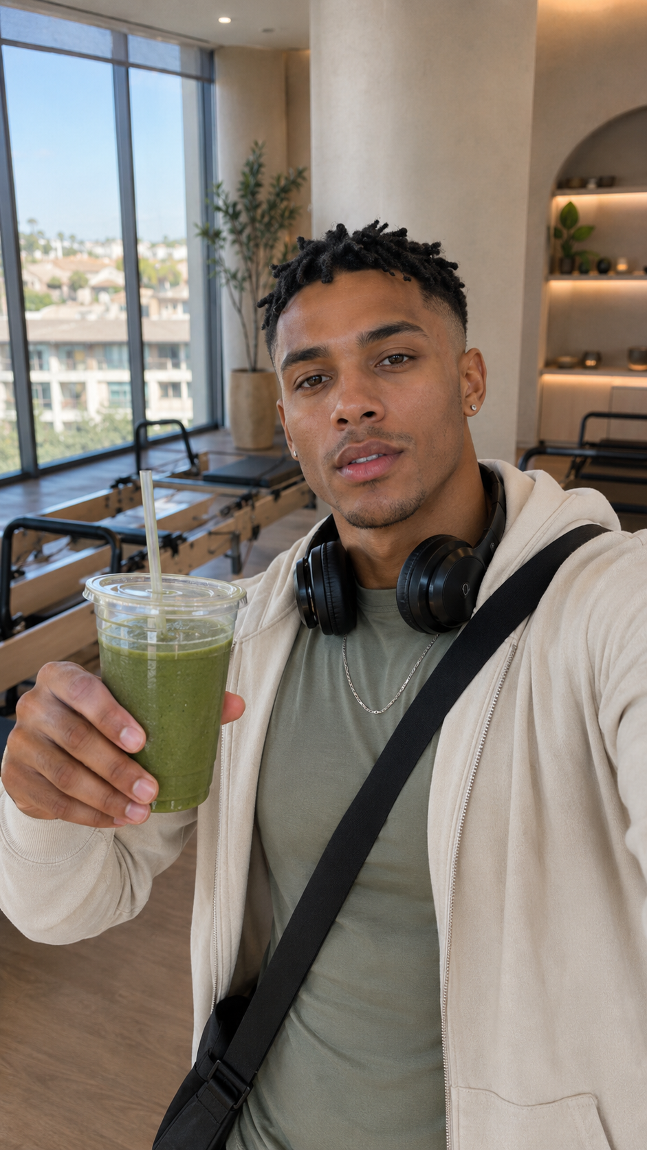 Man holding a green smoothie in a Pilates studio