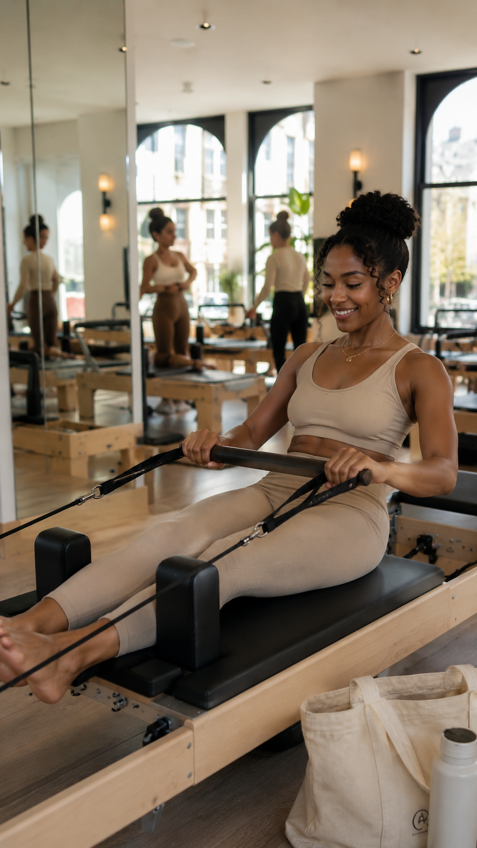 Woman taking a selfie outside a Pilates studio holding a water bottle