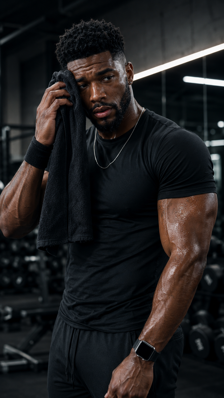 Man wiping his brow with a towel after a workout in a dark gym