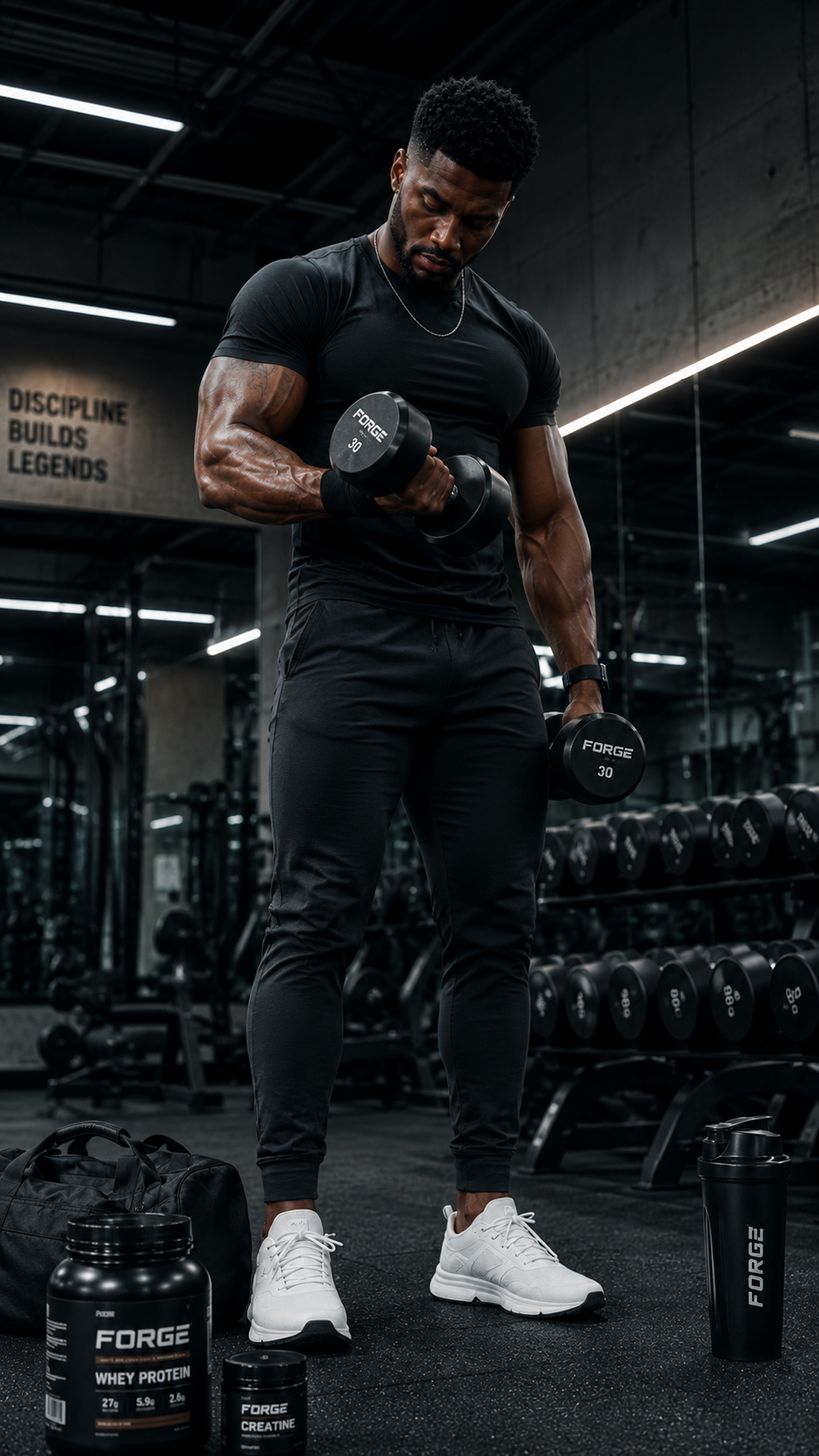 Man curling a dumbbell beside Forge whey protein and creatine in a gym