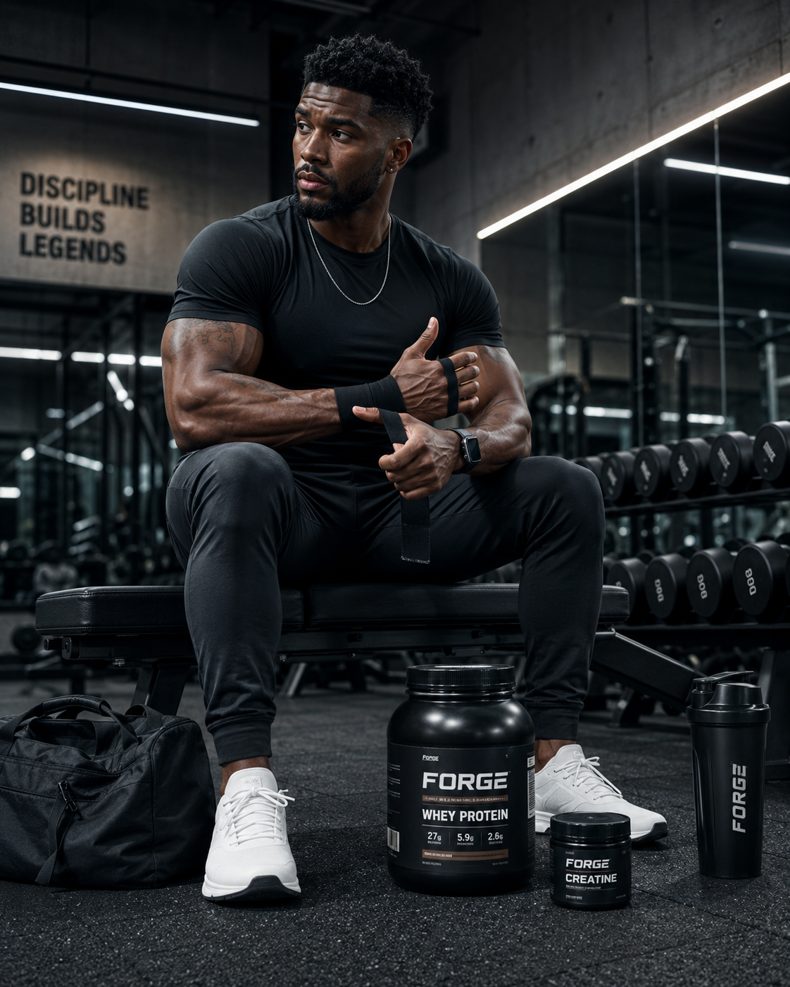 Man resting on a bench with Forge whey protein, creatine, and shaker bottle