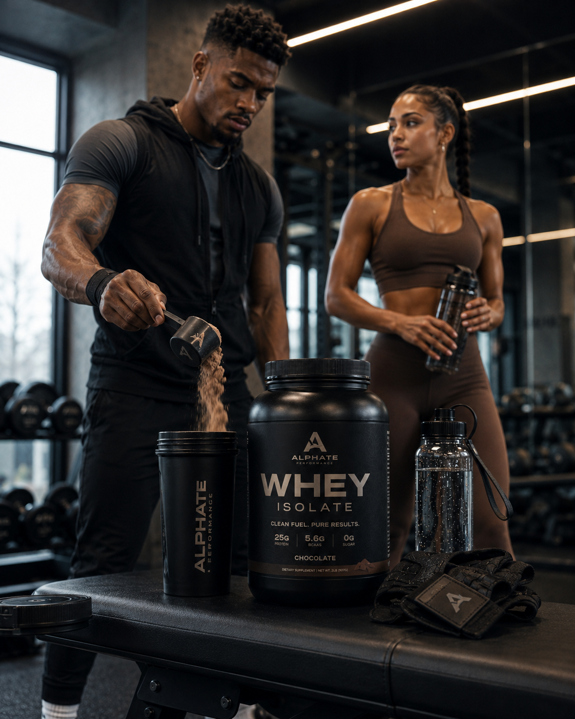 Man scooping Alphate whey isolate with a female athlete beside him in a gym