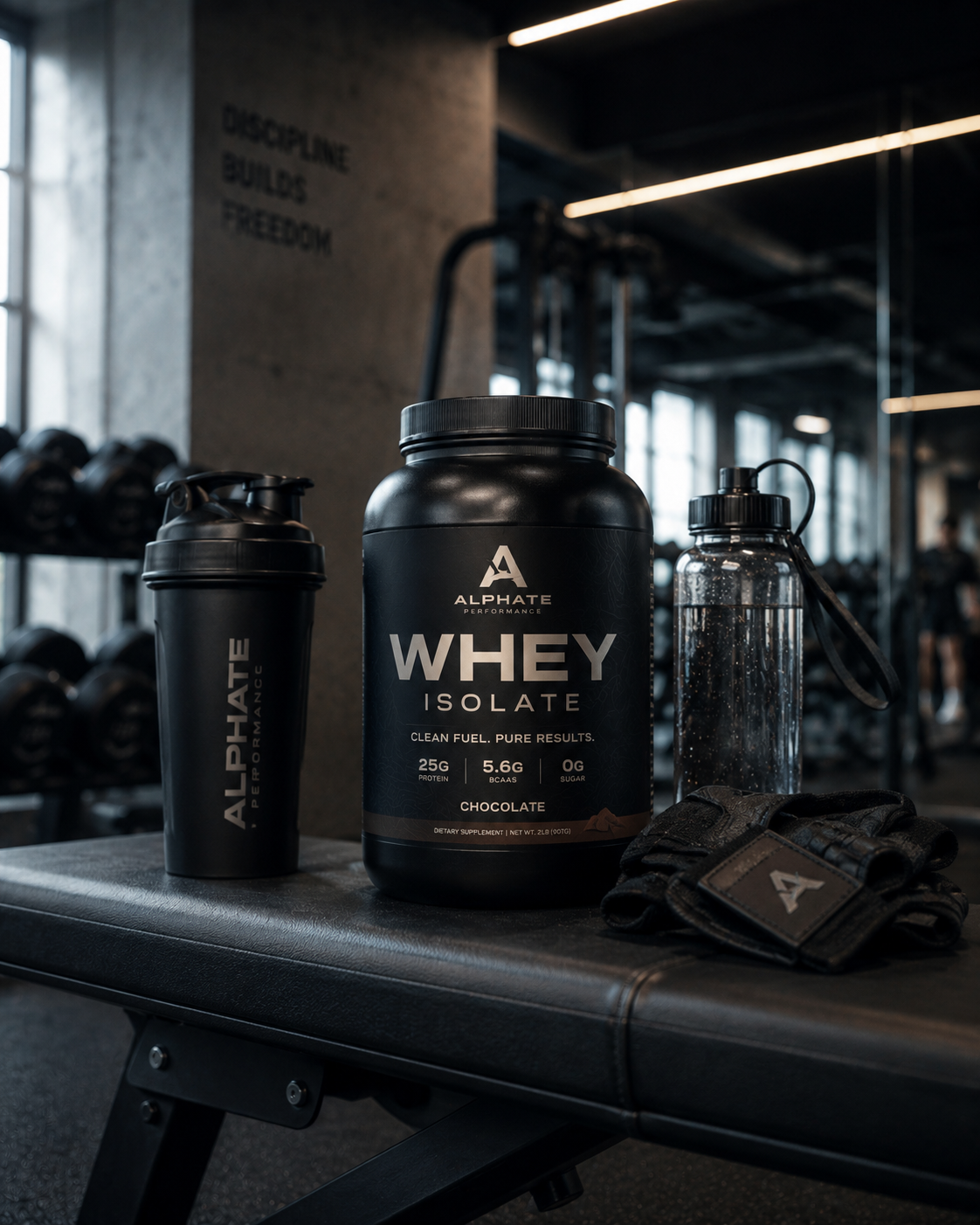 Alphate whey isolate tub styled with a shaker, water bottle, and gloves on a bench