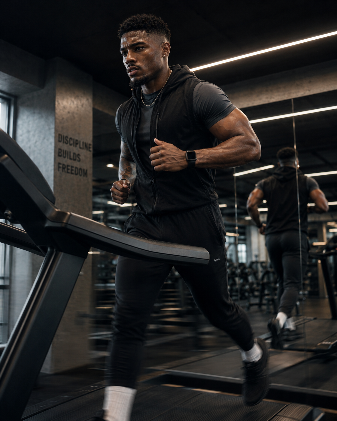 Man running on a treadmill in a dark performance gym